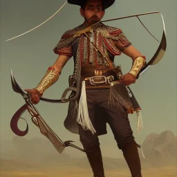 portrait,"Insanely detailed photograph of a male western mustachioed crossbowman", detailed charro, sequenced Sombrero, detailed held dagger, digital painting, artstation, concept art, sharp focus, illustration, art by artgerm and greg rutkowski and alphonse mucha, 8 k,fantasy, unreal engine