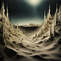 Creepy landscape, strong texture artistic polaroid volumetric light, Yves Tanguy, Gustav Klimt, 3d abstractism