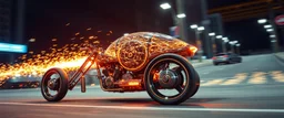 sparks blazing, seen from below, tattoo style, motion blur, airbrush art, elon musk riding inside an awesome trike with three back wheels, spaceship in copper, fast one in the shape of a transparent snail , now its gonna do an awesome gig , bokeh like f/0.8, tilt-shift lens 8k, high detail, smooth render, down-light, unreal engine, prize winning