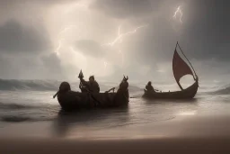 Broken viking longboat with people shipwrecked at a beachside, fantasy, mystical, lightshafts, storm in the distance, lightning