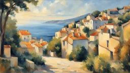 Style Cézanne, calm beauty, sunlight, French village on the coast, peaceful, beautiful composition, exquisite detail