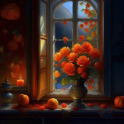 Behold the exquisite masterpiece that captures the essence of an enchanting autumn night . This captivating image showcases a delightful arrangement of vibrant orange flowers , gracefully adorning a moonlight-kissed window sill. Each brushstroke meticulously brings to life the delicate petals and succulent fruits, evoking a sense of opulence and natural beauty. The harmonious blend of colors and textures creates a visual symphony that will effortlessly elevate any space, infus