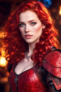 detailed eyes, pale skin, carefree attitude, female gorgeous, red wavy shoulder length hair, detailed glowing magical pattern leather clothing, glowing ruby implanted on armor, 8k, high detail, tavern stage background, singing, medieval, looking at viewer, front facing