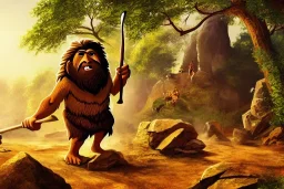 caveman holding a club, cave, cave bear, campfire, stone age, cave art, masterpiece, mellow, dawn, trending on artstation, fine detail, old,