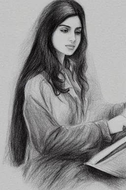 Pencil sketch of Young woman, Arab features,sad, long wavy hair, reading a book, full body، on lined paper