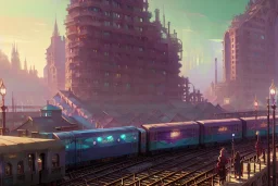 close up train+Elevated train+train+Gothic city on sea+sea+Italian colourful sea village +alphonse mucha, greg rutkowski,matte painting, cryengine, hyper detailed, felix kelly, fantasy art, seb mckinnon