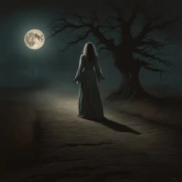 Creepy levitating woman in an asylum gown, nighttime in the middle of a country dirt road, backlit by shimmering full moon, levitation, by Larry Carroll, eerie dark colors, fog, smoke, ethereal mist, rough matte oil painting.