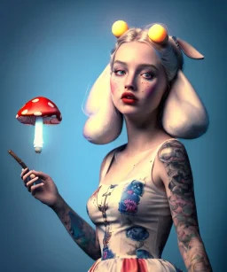 Ultra realistic portrait, wonderland, happy blonde Alice smoking a pipe, blue dress accompanied by elegant anthropomorphic white rabbit, circus dress style, old school tattoo, laughter, smoke, marijuana garden, mushroom lamps, glow eyes, perfect iris, soft color, highly detailed, unreal engine 5, ray tracing, RTX, lumen lighting, ultra detail, volumetric lighting, high definition.