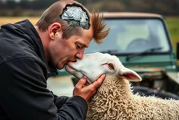 a portrait of a broken head mechanic, kissing a hybrid mixed body part sheep, fixing (far away old land rover 4x4 discovery 2) in the countryside