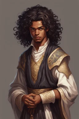 young mulatto sorcerer, with wavy black hair and brown eyes dressed in an aristocratic tunic