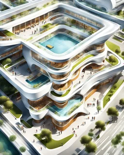 Architectural drawing of a Neofuturistic school, ultra quality, people, treets, from above