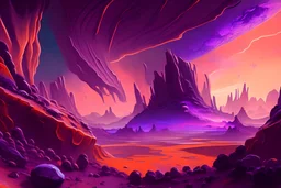 A mesmerizing landscape of an alien planet, where the sky is painted with swirling hues of purple and orange, and enormous, crystal formations jut out from the rocky terrain.