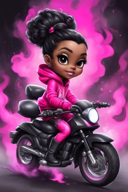 Create a digital airbrush illustration of a chibi cartoon full figure black female riding a sports motorcycle. She is wearing hot pink hoodie and black tights with biker boots. Prominent make up with log lashes and hazel eyes. Extremely highly detailed black shiny wavy hair up in a messy bun. Background of smoke surrounding her and the bike and she's at a bike show.