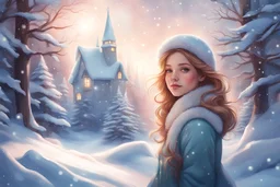 "Create an enchanting artificial illustration art of your dream girl exploring a winter wonderland, capturing the ethereal beauty of the snow-covered landscape and the captivating presence of the dream girl within it."