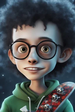 a cute animation boy, skateboarding , trendy hoody, 8 k, tim Burton skeleton style from the movie "night before Xmas", realistic animation, gothic