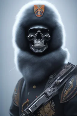 All black Russian soldier, high tech skull special forces helmet, furry helmet, white smoke, dark, rage, sorrow, high definition, ultra 8 k, volumetric lighting, blue fire, fog