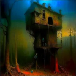 frightening night memory of an abandoned playground, Gabriel Pacheco and Zdzislaw Beksinski deliver a surreal masterpiece, nightmare, rich colors, sinister, creepy, sharp focus, dark shines, asymmetric, additional artistic enhancements by William Stout