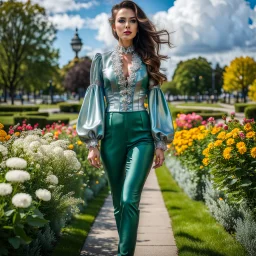 fullbody girl makeup wearing a dark green-silver victorian top and pants walking in moder city of 2040 park ,flowers ,pretty clouds in blue sky,city escape.