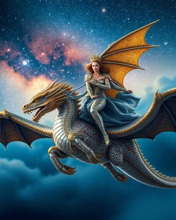 Imagination from a far Photography HD all image of the Beautiful Queen, riding a dragon flying in the sky, wearing a luxurious armor design, made of silver and gold metal plates, metal crafts with shining diamond luster, on the outer surface of the luxurious decoration of very small diamond stones, red diamond stones, Milky Way galaxy background