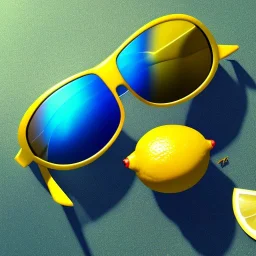 a lemon wearing sunglasses, relaxing on the beach, pixar movie still, 3d, realistic render, hyperdetailed