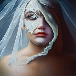 broken, cracked-open woman's face, fine detail, highly intricate, wearing bridal veil, modern surrealism painting, identity crisis, high-quality, volumetric lighting, 8k, ultrahd, George Grie, Marco Escobedo, Igor Morski