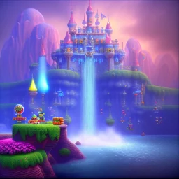 New map by super mario 3d land with waterfalls, 3d, high detail, symbols, 4k, ray traing, render, future punk, steam punk, magic in blue colors, no other place