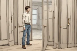 man in jeans and a shirt standing in a room of doors