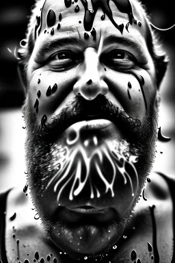 close up photography, dirty burly chubby Italian strong 48 years old homeless man, full of splashing milk in the face dripping on the beard, with dirty tank top, emotional eyes, manly chest, photo, Canon EOS, lens 35mm, natural lights, 8K, in the morning