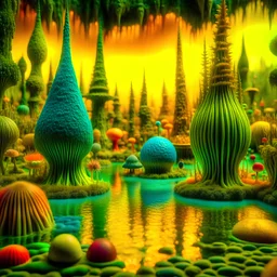 Odd swamp landscape with odd beings surreal abstract Max Ernst style, Tim Burton, Harry Potter, 120mm photography, sharp focus, 8k, deep 3d field, very detailed, volumetric light, very colorful, ornate, F/2.8, insanely detailed and intricate, hypermaximalist