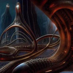 biomorphic alien city with lighting, foto-realistic,TG, 8k, art by HR Giger.