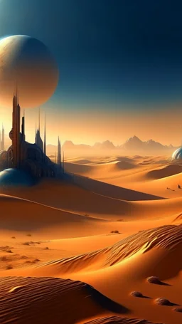 sci fi planet, sand dunes, dawn, city