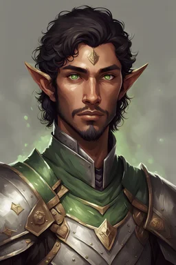 generate a portrait of a fantasy-style male half-elf grave-domain cleric with green eyes, brown skin, chin length black wavy hair, wearing half-plate armor
