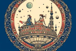 art nouveau style, people on top of a rocketship to the moon