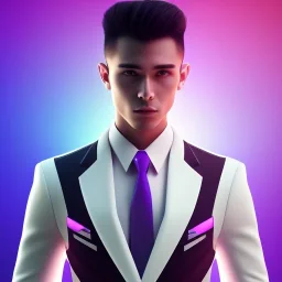 man, cute face, white highlight hair, brown eye, white, skin, purple suits, futuristic, science, purple, blue, pink background lighting, technology, profile, asian boy, square face