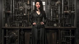 full-length portrait of a pale-faced woman with dark wavy shoulder-length hair, with detailed steampunk metal arms and legs, dressed like a Victorian, standing to one side in a laboratory full of small machines