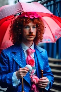 kind sailor, man, red curly hair, long jacket, pink-azure clothes, pink-azure cocked hat, white floral pattern on the jacket, flower in the hair. Pink and blue umbrella.