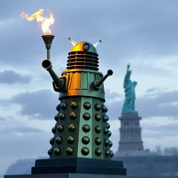 statue of a Dalek on Statin Island, with a torch, as the statue of liberty