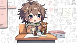 detailed digital art style, cute anime, detailed chibi face, sitting on school desk in hand a bear toy, in colorful modern-fantasy clothes , messy hair random drawing background, childbook style, highly detailed no photorealism