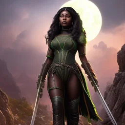 fantasy setting, dark-skinned woman, indian, black and green hair