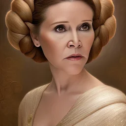 hyperspace background, complete and photo realistic detailed head to waist stunning photo realistic portrait of carrie fisher as Princess Leia in star wars with photo realistic wedding hairstyle by Mandy Jurgens and mucha and Richard Schmid and chuck close and chie yoshii, extraordinary and detailed ceremony dress of star wars,brown eyes