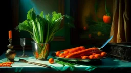 Bodegón de zanahorias con sus hojas, con un tenedor antiguo, junto a un jarrón art déco geométrico, sobre una mesa de billar, con un tafetán tornasolado. Fondo: un taller de pintor. Composición: dos grupos que dialogan. Iluminación: luz de contorno (rim light). Paleta de color: pasteles de macaron. Encuadre: doble exposición. Texturas: semillas brillantes. Atmósfera: la vanidad de las riquezas. Ambientación: Delft del siglo XVII. Estilo: óleo al estilo de Willem Claesz Heda. Acabado: estética di