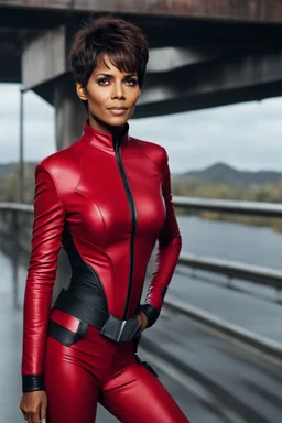 n this surreal vision, Halle Berry stands tall on the Bridge, adorned in a striking Star Trek Original Series red uniform. The vibrant color contrasts against her shortish hair, framing her face with an air of determination. Her black boots plant firmly on the floor, echoing her unwavering spirit. Ample bosoms, a symbol of strength and femininity, accentuate her presence as she takes her place at the station. The weight of the world seems to rest upon her shoulders, yet she remains poised and co