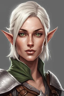 40 years old woman elf, adventurer, natural, with short platinum blonde straight hair to shoulders, symbol of d&d warlock on forehead, grey eyes, thin lips, drawing style, leather clothes