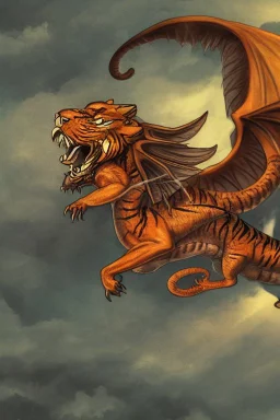 A flying tiger with wings is fighting with a dragon.