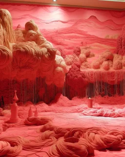 A pink land made out of magical woolly yarn painted by Leonardo da Vinci