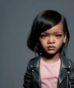 Rihanna toddler, full height, leather jacket, soft skin, dramatic lighting, hyper realistic