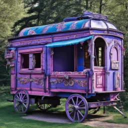 Old fashioned purple, blue and pink gypsy wagon decorated, curtains fluttering in the wind