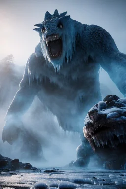 Giant scary ice and stone monster, dramatic scenery, cold light