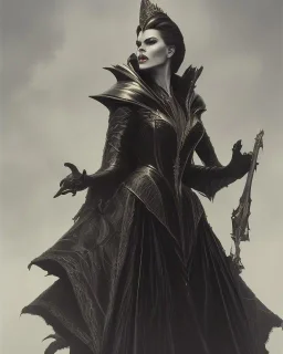 old evil queen in black leather gown, femme fatale, volouptous, busty, cleavage, angry, emperious, 8k resolution concept art portrait by Greg Rutkowski,