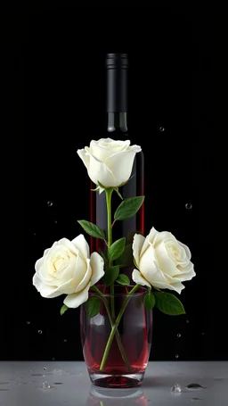 The image is a digital artwork that depicts a bouquet of 3 white roses in crystal vase , a bottle of red wine creating a wave-like effect. The background is black, which makes the white rose stand out even more. Water droplets are scattered adding to the dreamy, ethereal quality of the image. The a
